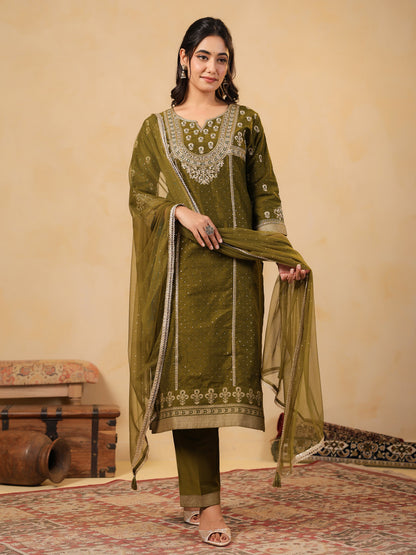Span Green Round Neck Silk Kurta Set with Dupatta