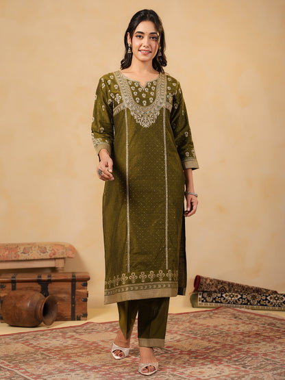 Span Green Round Neck Silk Kurta Set with Dupatta