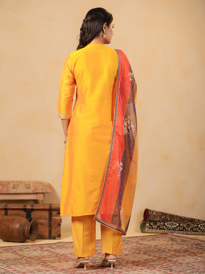 Span Yellow Round Neck Silk Kurta