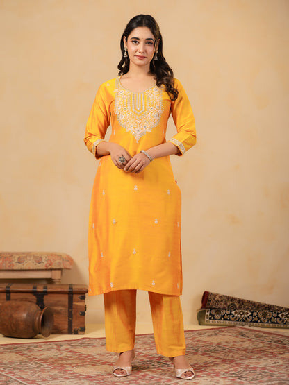 Span Yellow Round Neck Silk Kurta