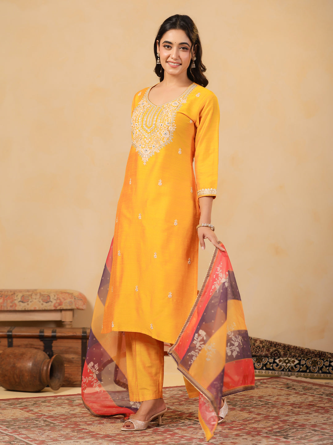 Span Yellow Round Neck Silk Kurta