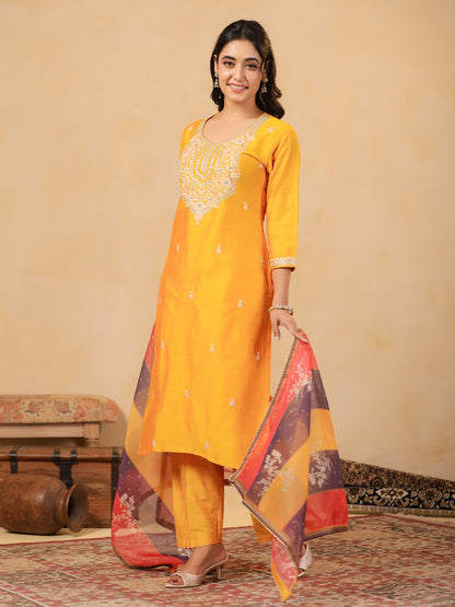 Span Yellow Round Neck Silk Kurta