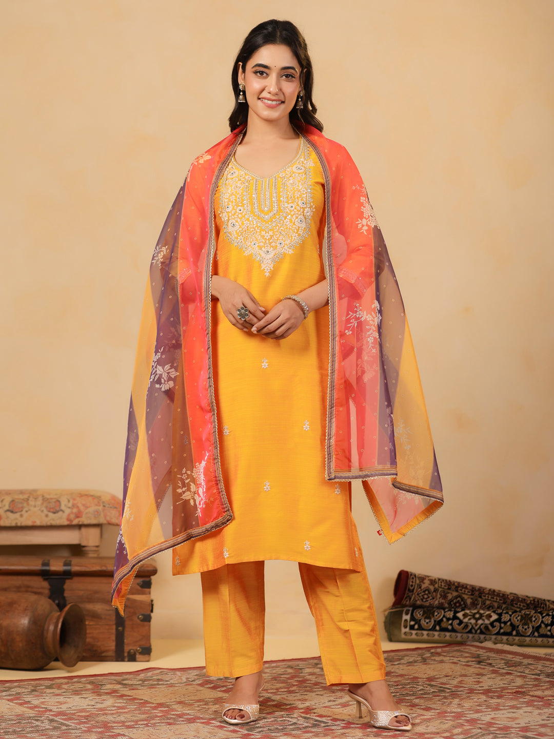 Span Yellow Round Neck Silk Kurta