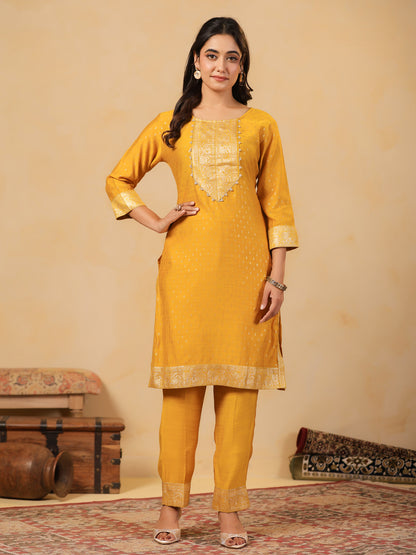 Span Yellow Round Neck Silk Cord Set