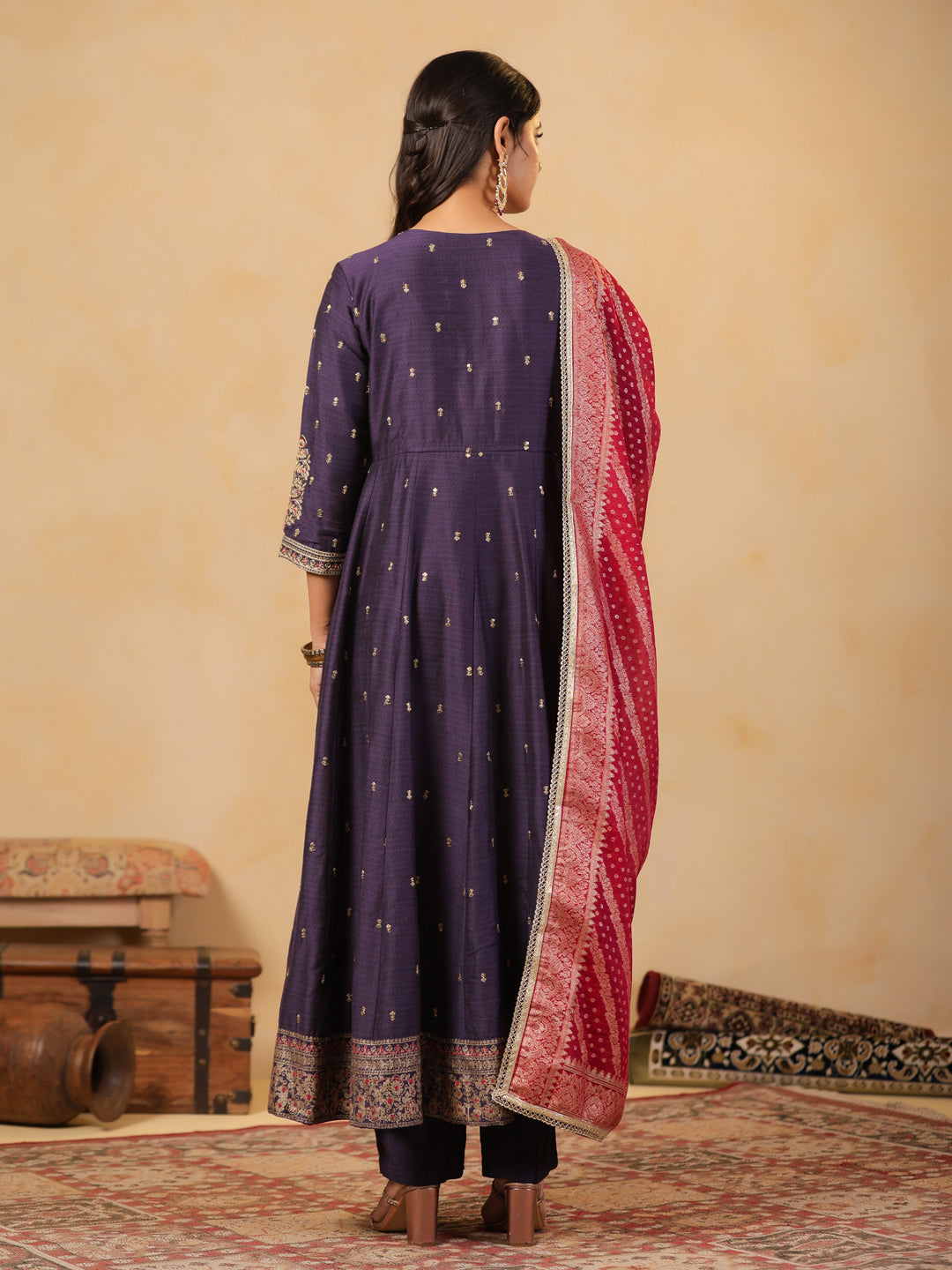Span Purple V Neck Viscose Kurta Set with Dupatta