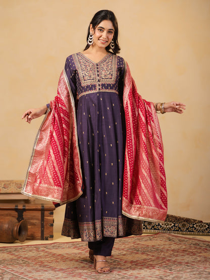 Span Purple V Neck Viscose Kurta Set with Dupatta