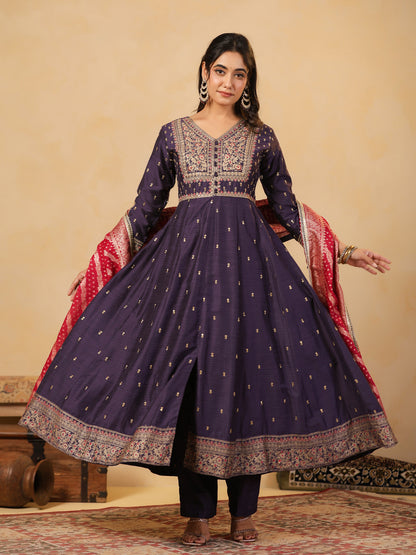 Span Purple V Neck Viscose Kurta Set with Dupatta