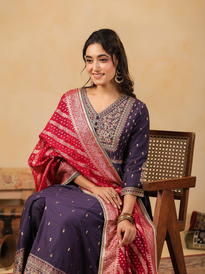 Span Purple V Neck Viscose Kurta Set with Dupatta