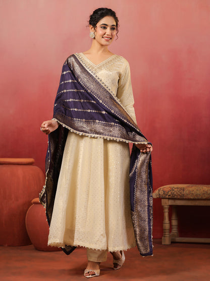 Span ivory V Neck Silk 2PCS Set