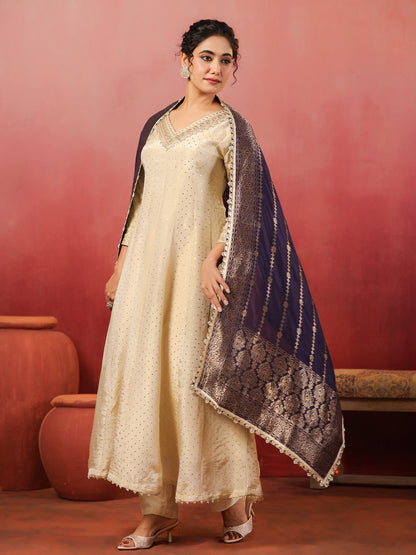 Span ivory V Neck Silk 2PCS Set