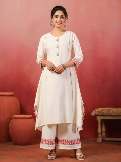 White Round Neck Cotton Kurta Set with Dupatta