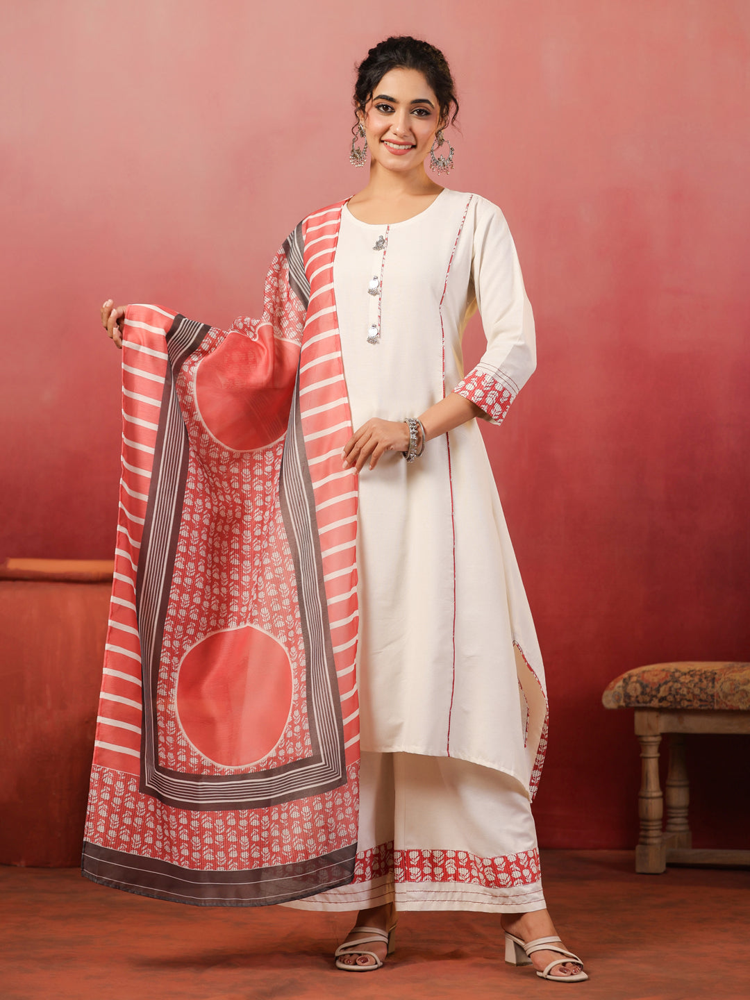 White Round Neck Cotton Kurta Set with Dupatta