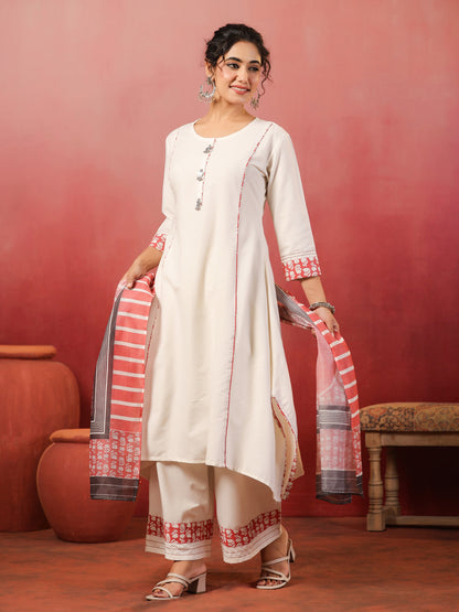 White Round Neck Cotton Kurta Set with Dupatta
