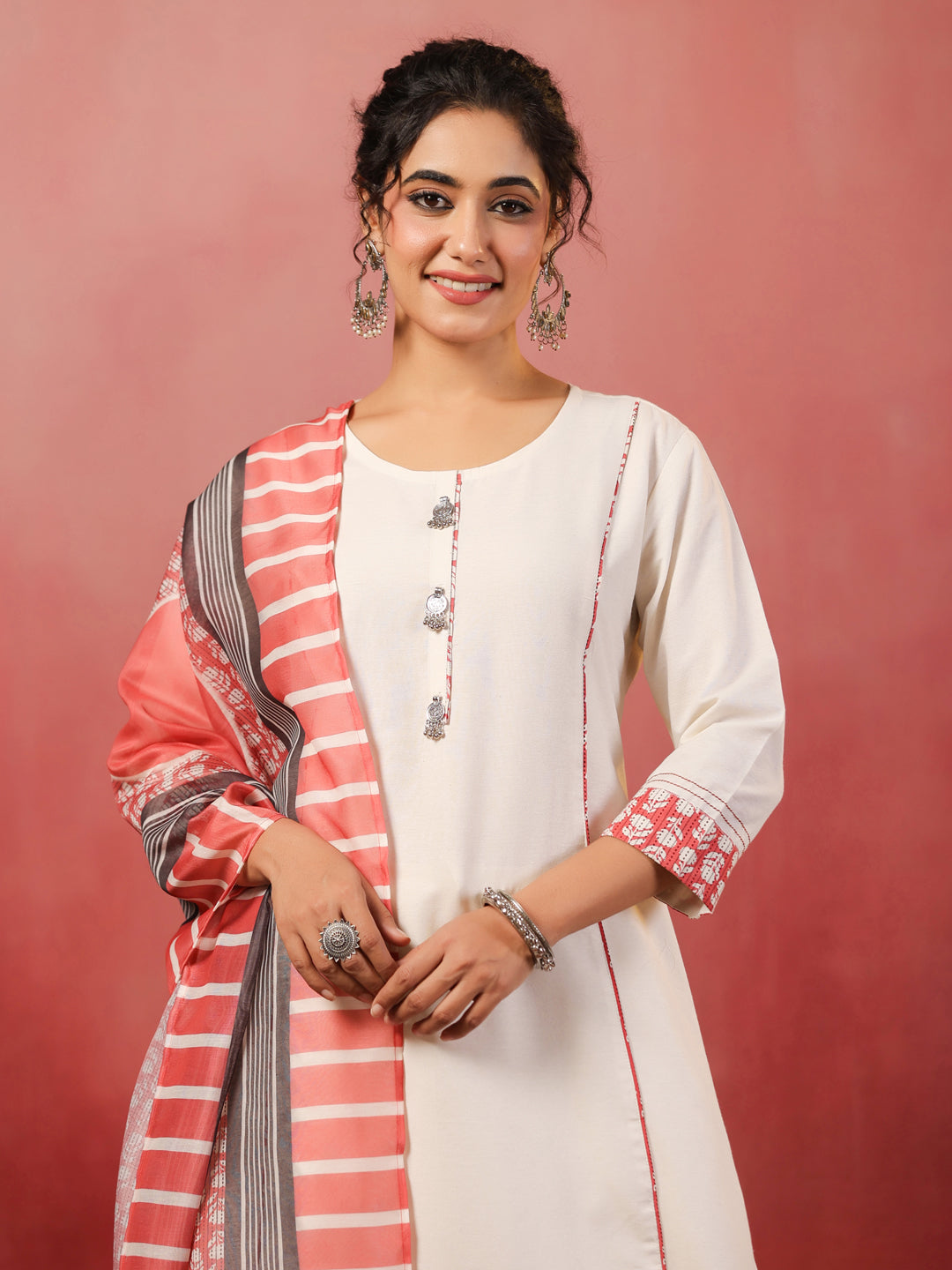 White Round Neck Cotton Kurta Set with Dupatta