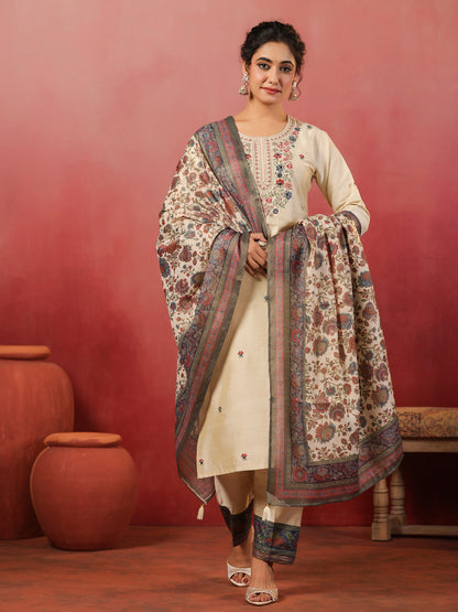Span Ivory Round Neck Silk Kurta Set with Dupatta