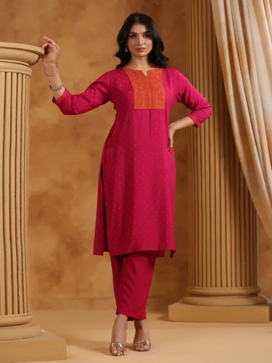 Span Pink Round Neck Rayon Kurta