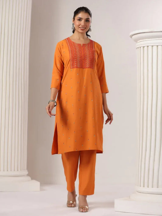 Span Orange Round Neck Rayon Kurta