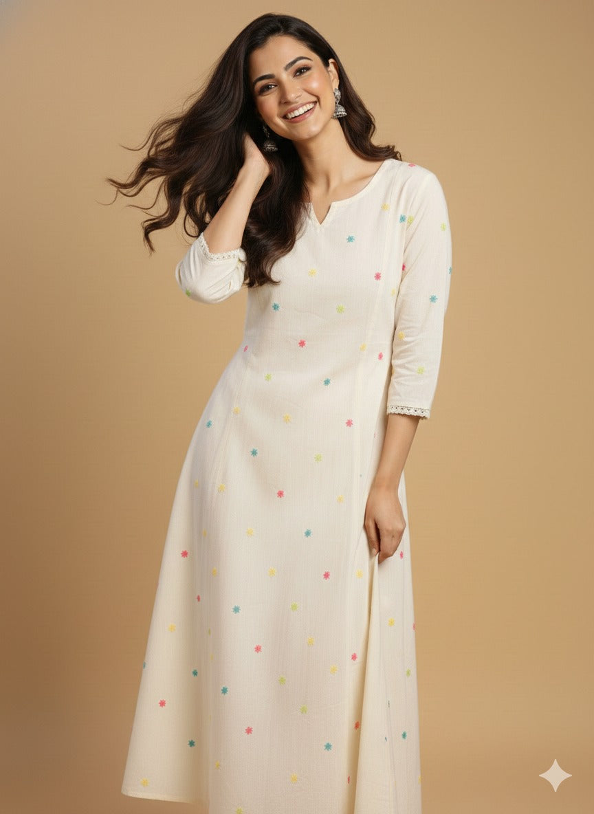 Ivory V Neck Cotton Kurta